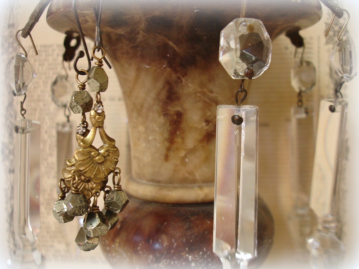 heaVy metal earrings . beautiful vintage brass with wire wrapped faceted pyrite and tiny swarovski rhinestone accent