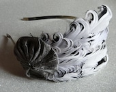 fancypants - feather and silk fascinator/headband (silver, black & white)