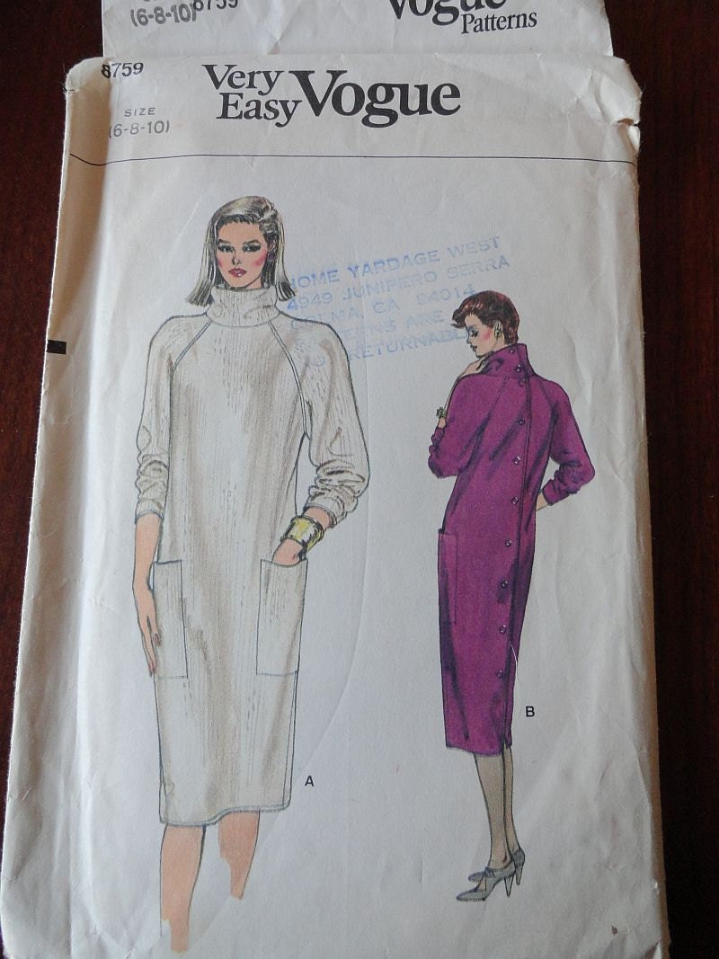 Vintage 80s Vogue 8759 Raglan Sleeve Dress Pattern size 6, 8, 10 UNCUT