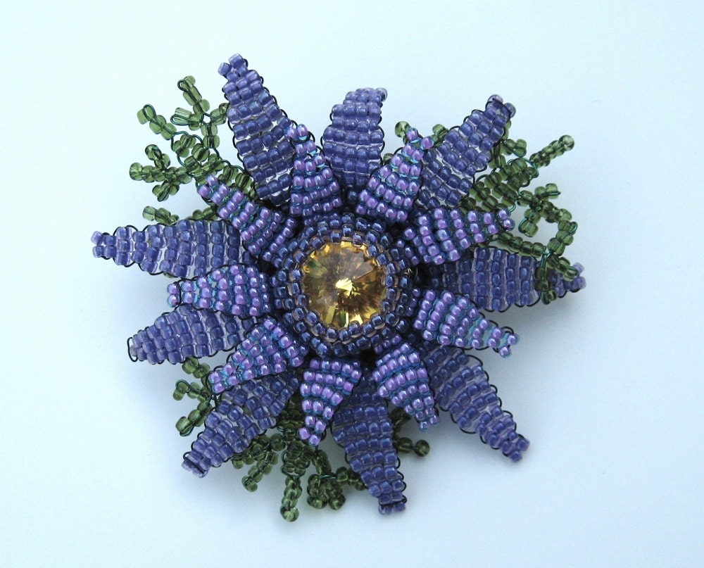Purple Aster Flower Beadwork Brooch
