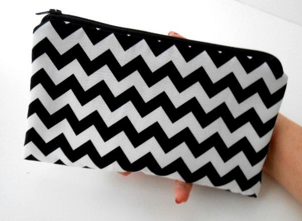 Large Zipper Pouch Cosmetic Bag ECO Friendly Padded  NEW Black Chevron