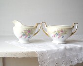 Porcelain Cream & Sugar Set - Pink Rose Bouquet - Vintage Serving - Cottage Chic