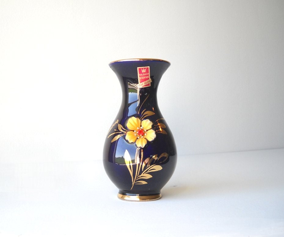 Vintage Cobalt Porcelain Vase - Halbach Geshenke - Germany Echt Kobalt -  20 KT Gold
