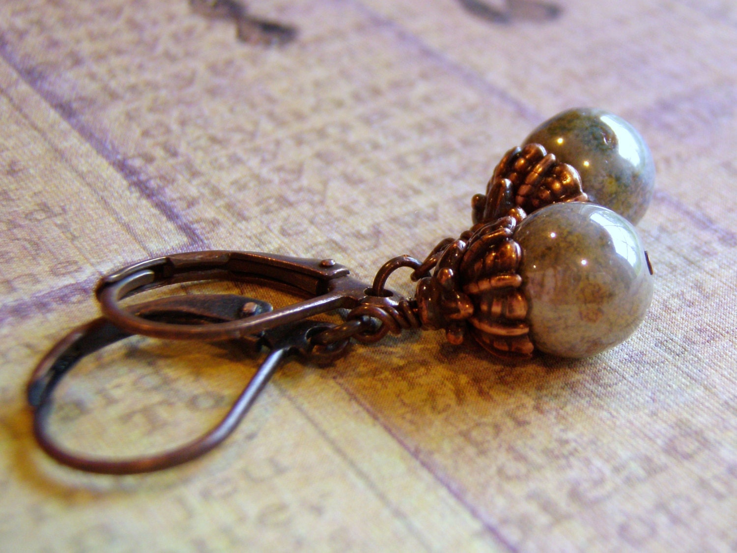 Green Earrings Antique Copper Lever Back Ear Wire
