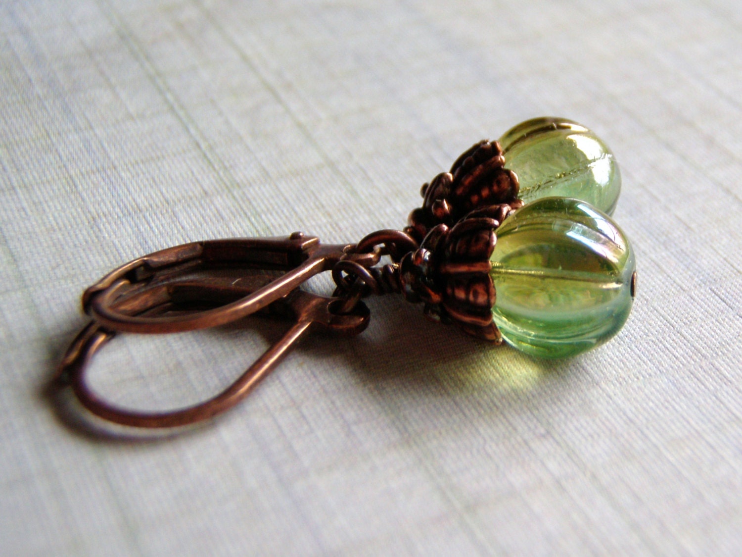 Green Melon Earrings Antique Copper Lever Back Ear Wire 8 mm
