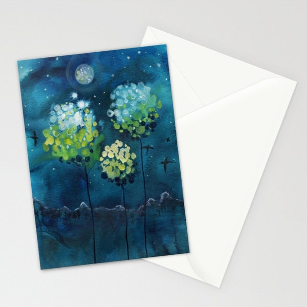 Greeting Card - Four Moons - magnolia tree night landscape birthday gift congratulations get well love you colorful watercolor art envelope