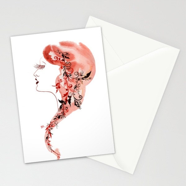 Greeting Card - Beauty - exotic woman hair red lips lashes birthday gift congratulations engagement watercolor art painting envelope
