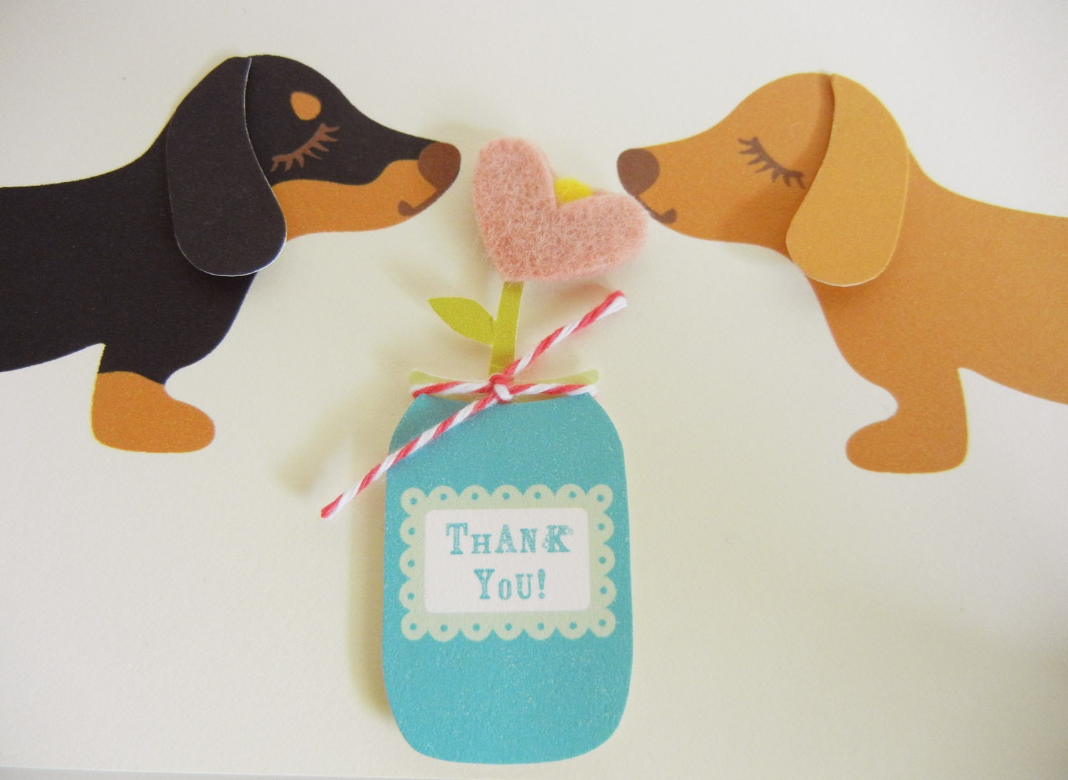 Teriyaki and BBQ the Dachshunds Dogs Thank You Felt Pink Flower Blank Note Card with Envelope