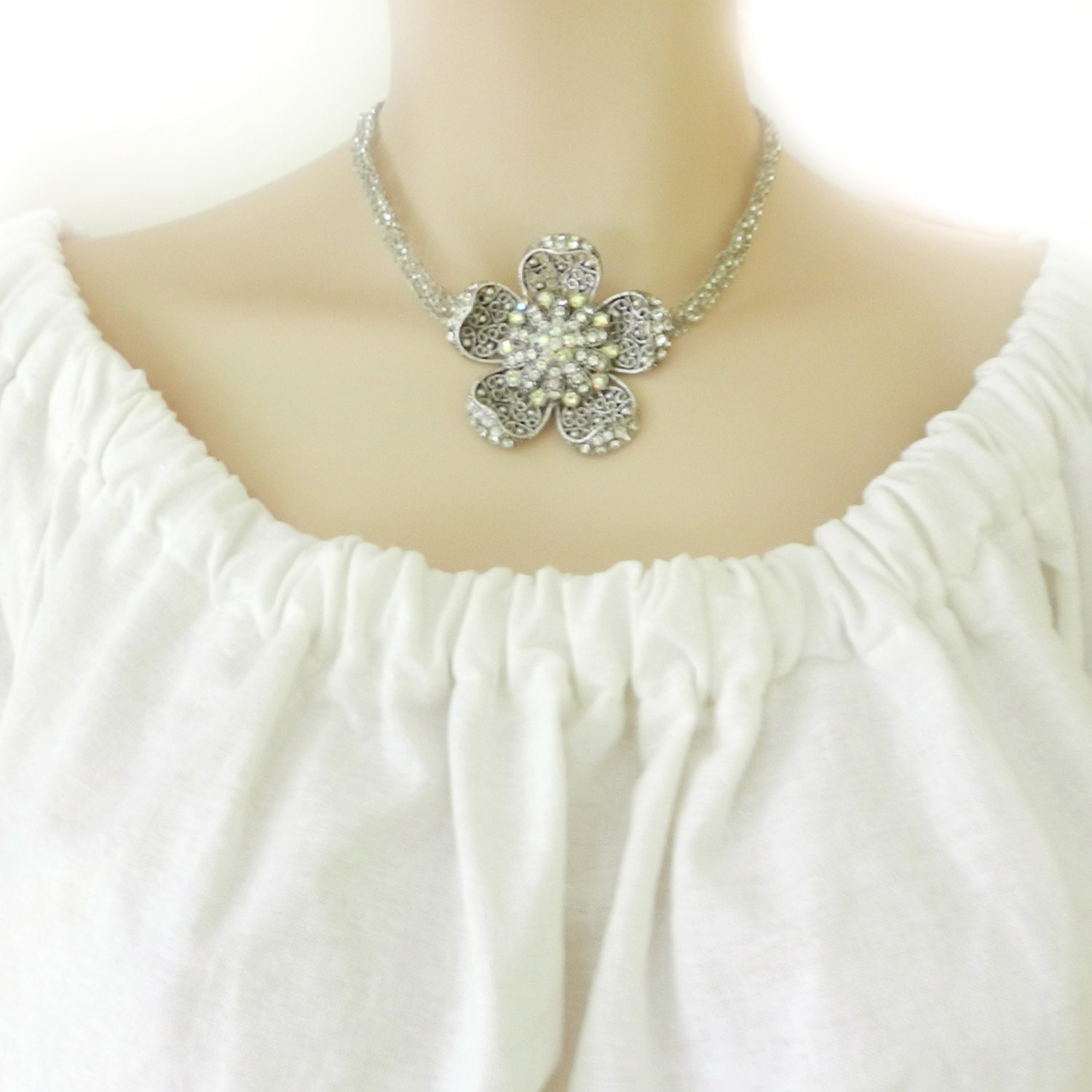 Wire Crochet Necklace, Upcycled Jewelry, Brooch Necklace, Adjustable Necklace, Prom Jewelry, Choker Necklace, Flower Necklace
