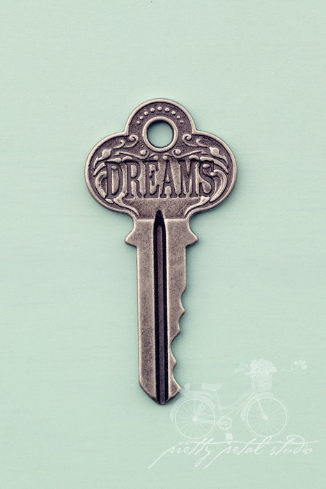 Word Photograph, Vintage Key with Engraved Word "Dreams," Silver, Metal, Teal, Romantic, Abstract Photograph, Whimsy Art, Small 4x6 Print