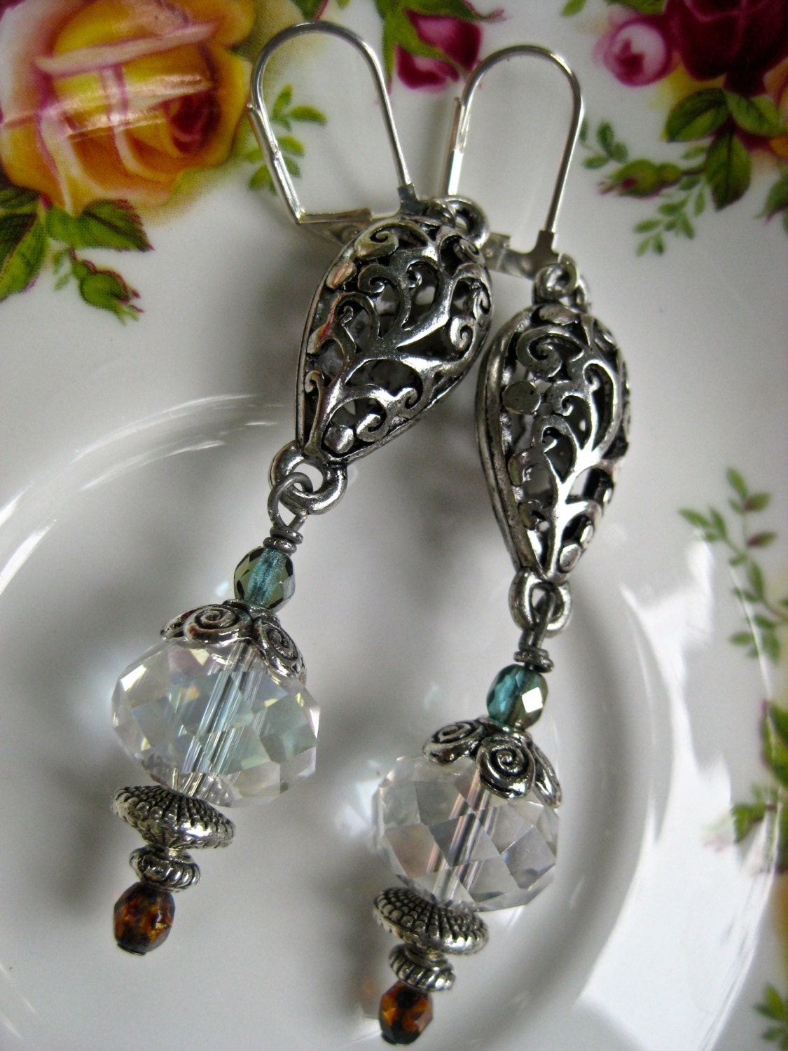 Large Czech crystals and filigree earrings, pierced  Picasso beads