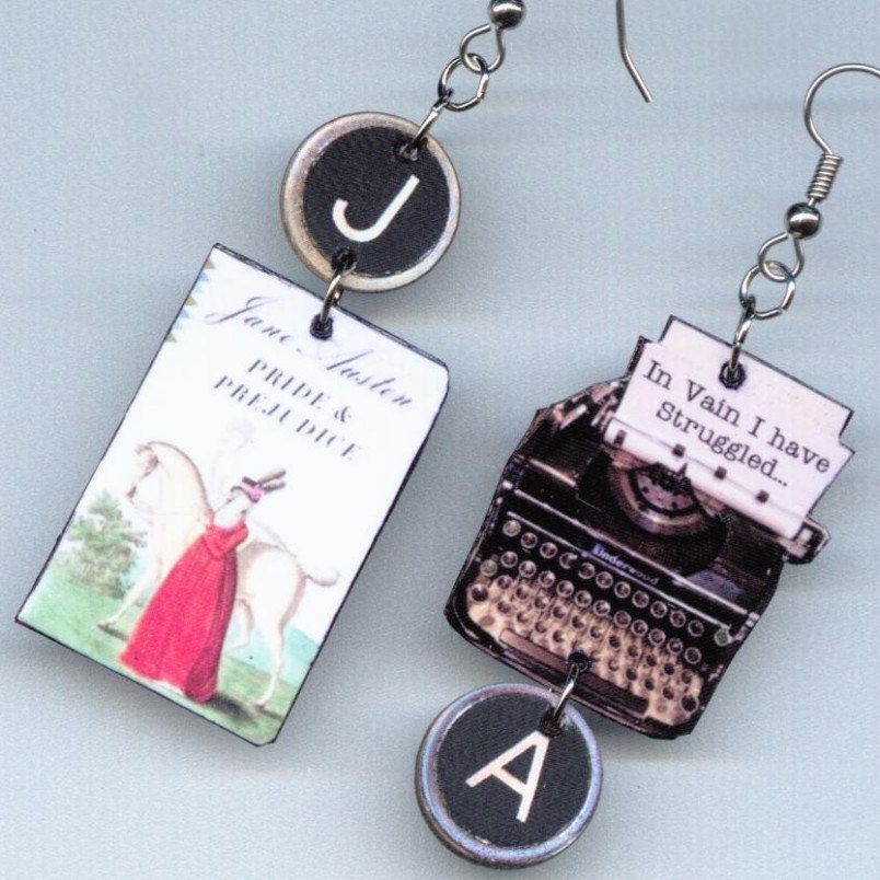 Pride and Prejudice EARRINGS Jane Austen quote vintage Typewriter