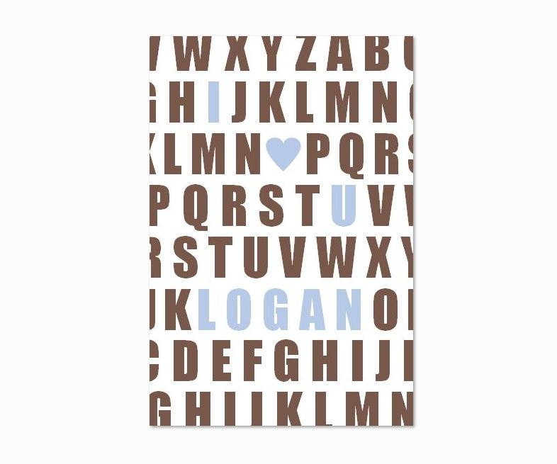 Large Nursery Wall Art, Custom I Heart U Name Alphabet Poster 12x18, ANY COLOR - Personalized ABC Nursery Art Print - Brown, Light Blue