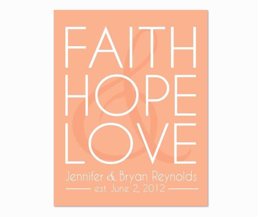 Faith Hope and Love, Personalized Modern Home Decor Art Print, Any Color, Wedding Gift, Family 11x14 Coral - Paper Anniversary Gift Idea