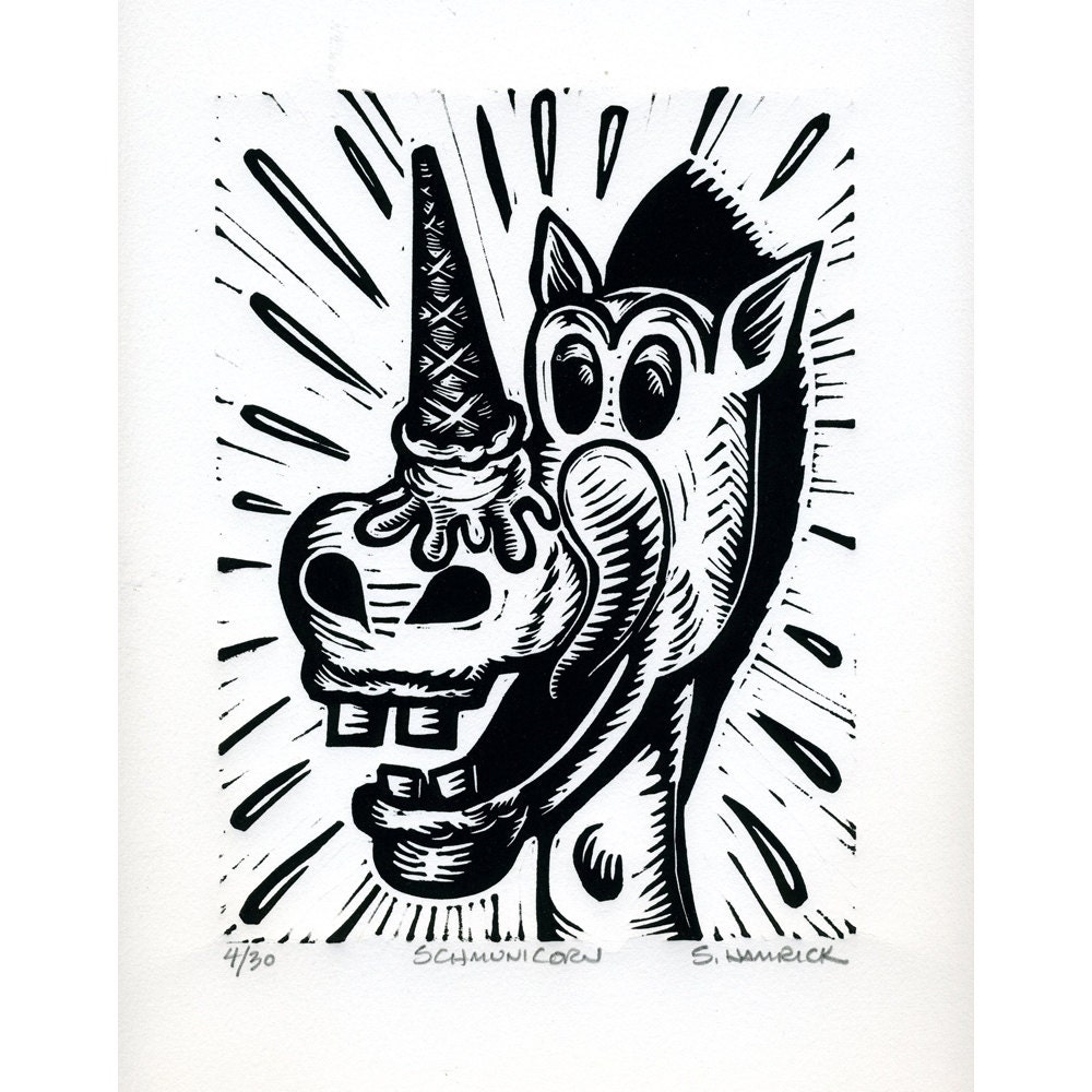 Unicorn Shmunicorn original linocut