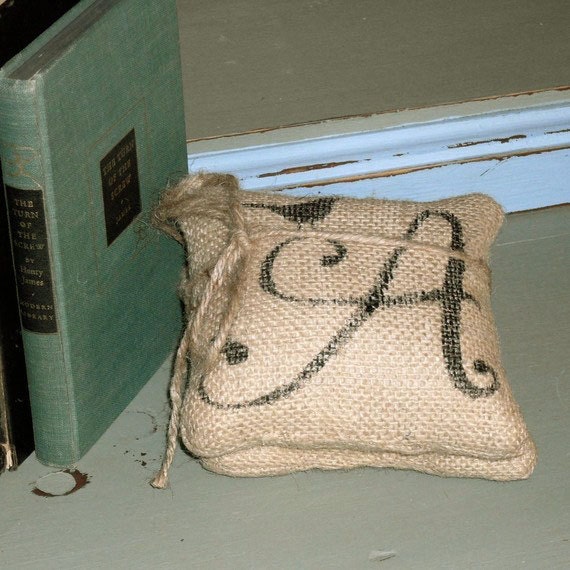 Bird Monogram - Petit Burlap Feed Sack Pillow Pair - Unique paper weight, bookends, pin cushion, etc