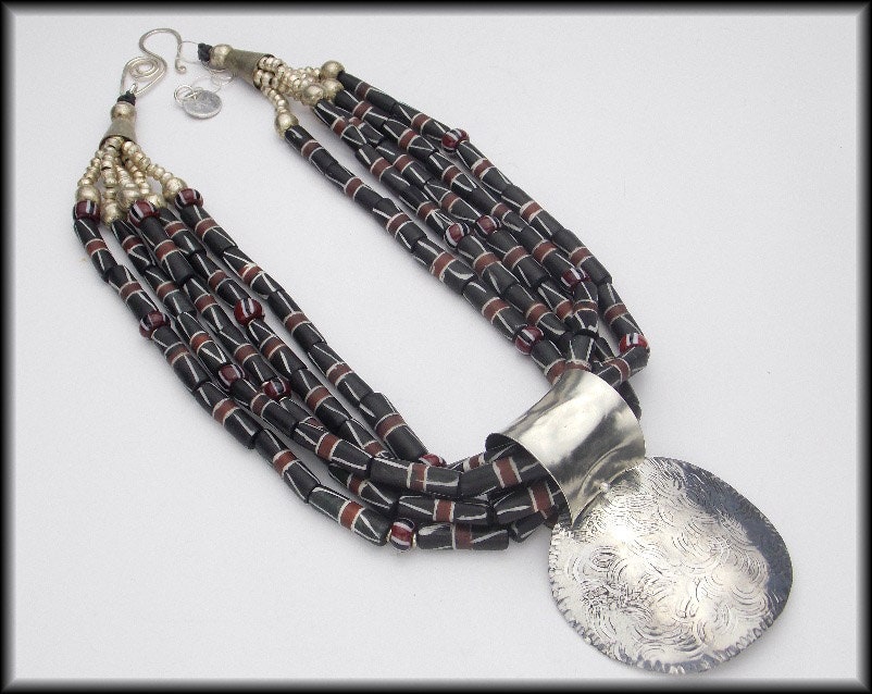 REMOVABLE SLIDE Pendant - Handforged Pendant - African Beads 5 Strand Necklace