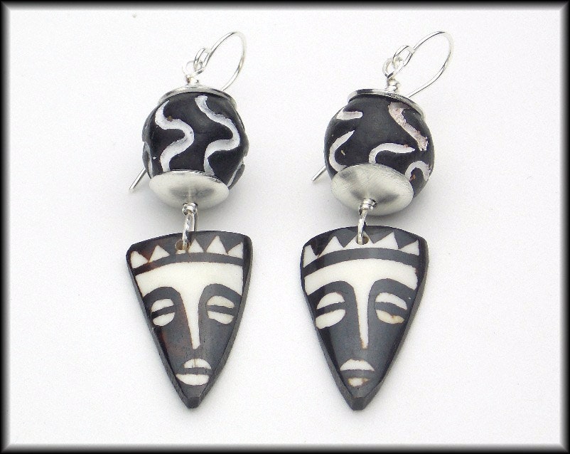 AFRICAN MASKS - Batik Bone - Handmade African Carved Clay - 1 of a Kind Earrings