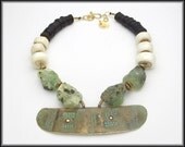CHANDAKI - Prehnite - African Beads - Handforged Bronze Pendant Statement Necklace