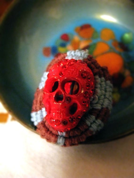 Red Rhinestone Skull Hemp Ring - Size 8