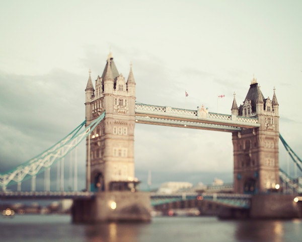 Tower Bridge Photo, London Photograph, England, Muted Colors, Pale, Night, Urban City, Mint Green - Two Towers