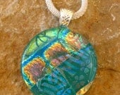 Round Fused Glass Pendant, Dichroic Fused Glass Pendant - Patterns on Green