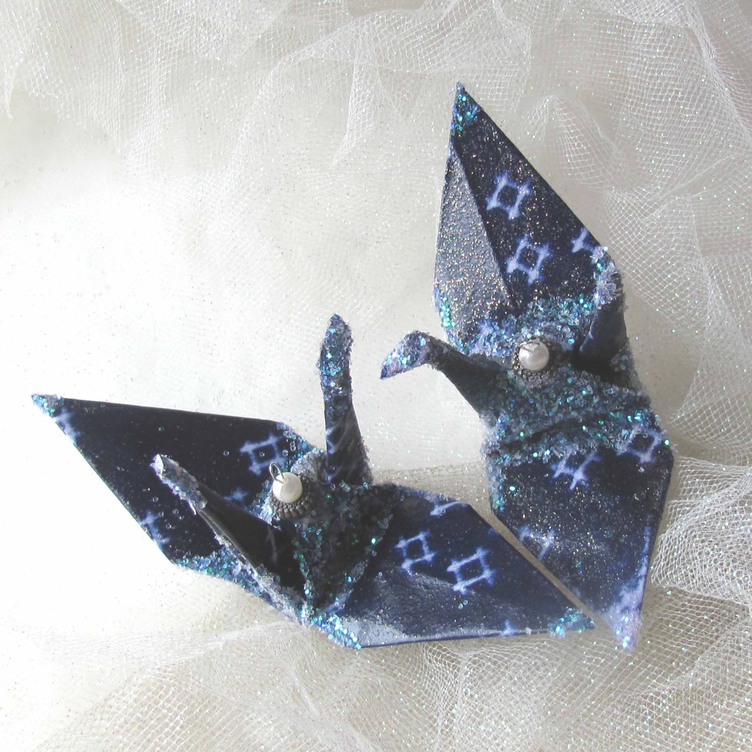 Indigo Ikat  Peace Crane Wedding Cake Topper Favor Christmas Ornament Origami Japanese Bird Paper Decoration