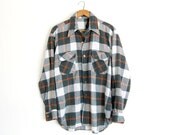 mens old flannel shirt / distressed vintage plaid work shirt / green white brown acrylic