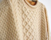 vintage wool fisherman sweater / buttercream / chunky wool / cable knit jumper / scottish / tiny fit / womens xs s / kids 7 8
