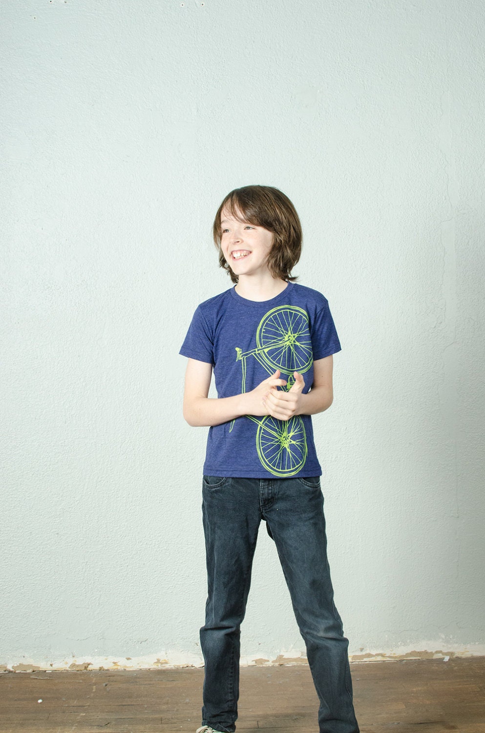 youth bike tshirt - fixie tri-blend bicycle tee, lime green on indigo blue - size 8