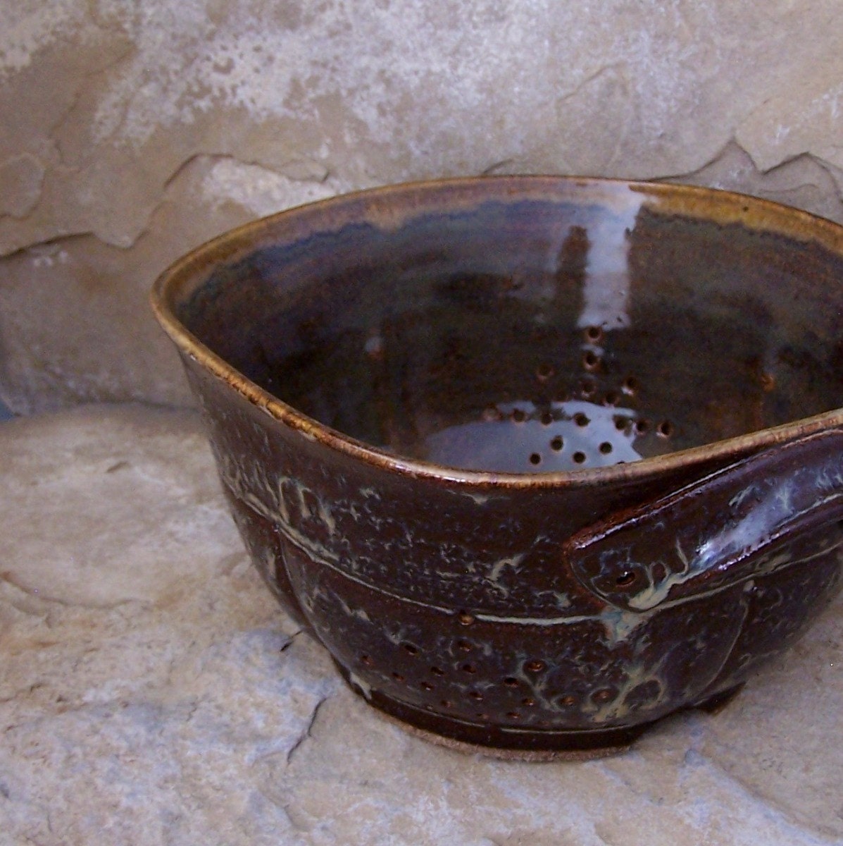 SALE - Iron Brown Handmade Stoneware Ceramic Pottery Colander