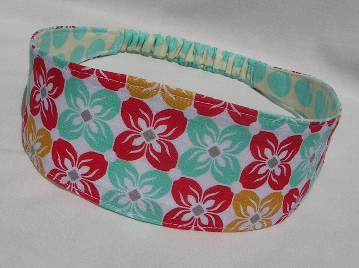 Reversible Fabric Headband Square Petals turquoise, red  revesible hairband women hair band, girl headband