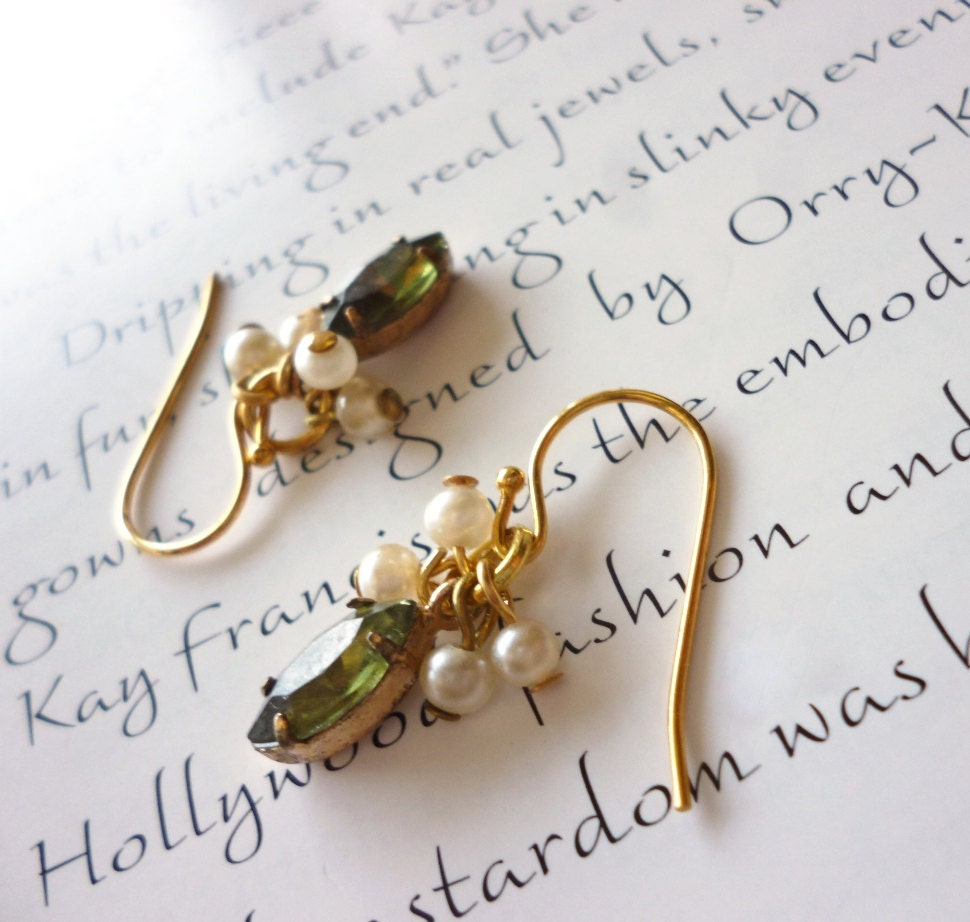 pearl cluster earrings with green crystals - gold earrings with white pearls and bezel set marquise crystals - elena earrings