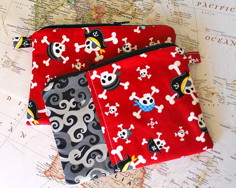 LITTLE zipper pouch. Pirates wallet with skulls and bones -Ready To Ship bag.