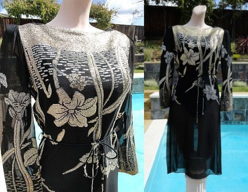 Vintage 1970s Gold & Silver Metallic Floral Semi Sheer Black Dress B35