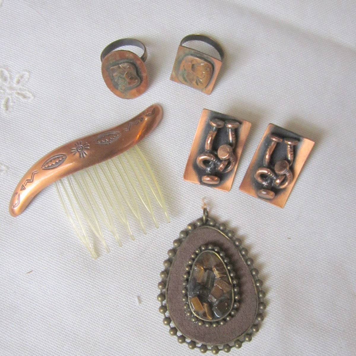Vintage Jewelry Lot  Copper Rings, Hair Comb and Earrings