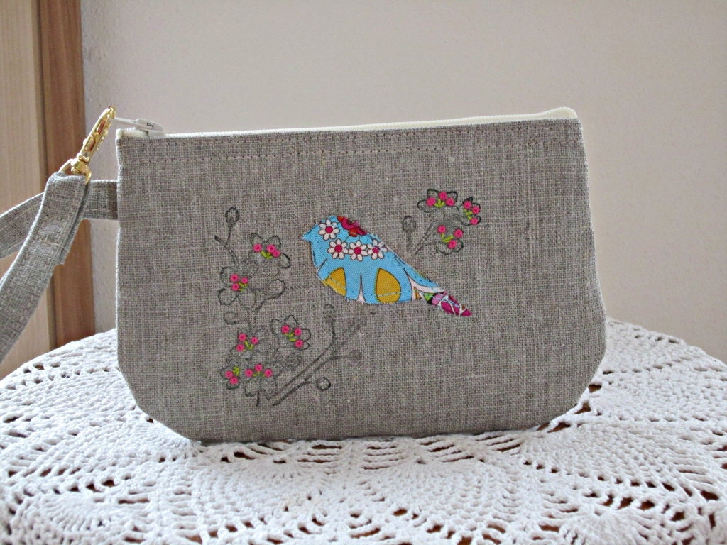 Mixed Media Hand-stamped Applique Embroidered Linen Wristlet  Clutch Zipper Gadget Pouch Bird in Blossoms  Made in USA