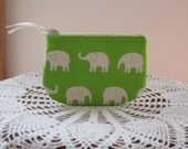 Coin Business Card Clutch Zipper Case White  Elephants on Parade in Green Made in the USA