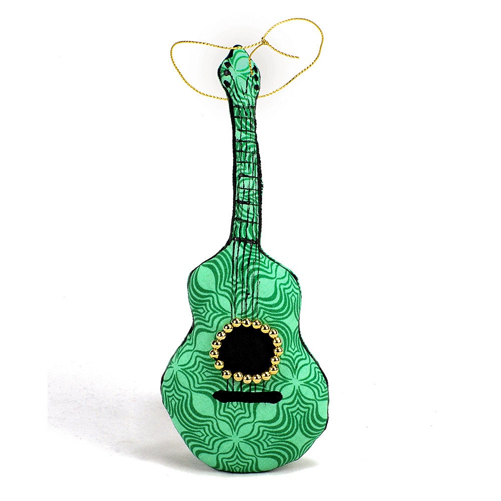 plush guitar ornament - gold beaded green op art fabric guitar drawing ornament