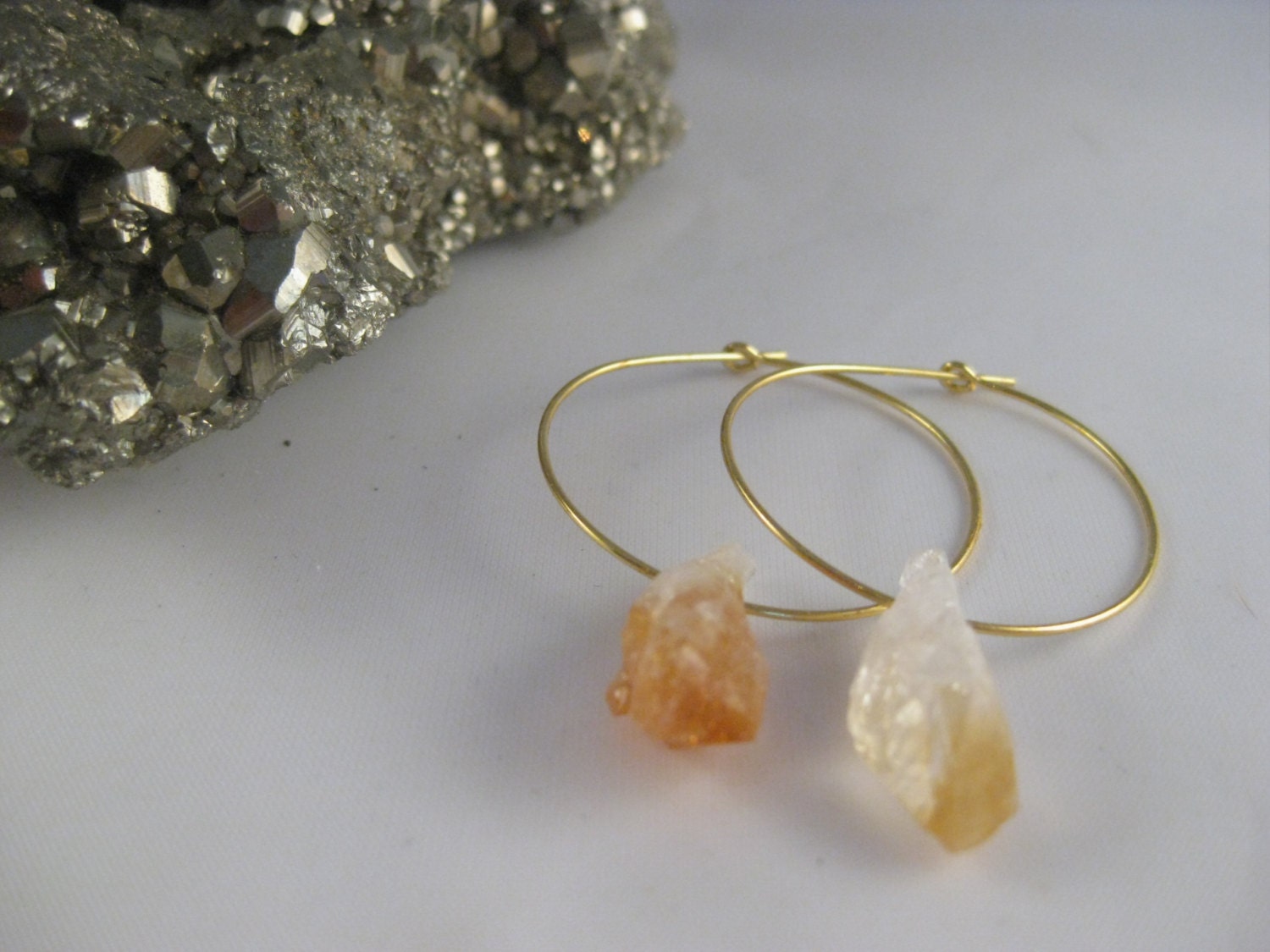 Raw Citrine Point Hoop Earrings - L