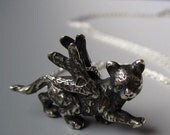 Sand the angel kitty, sterling silver winged cat pendant, made to order