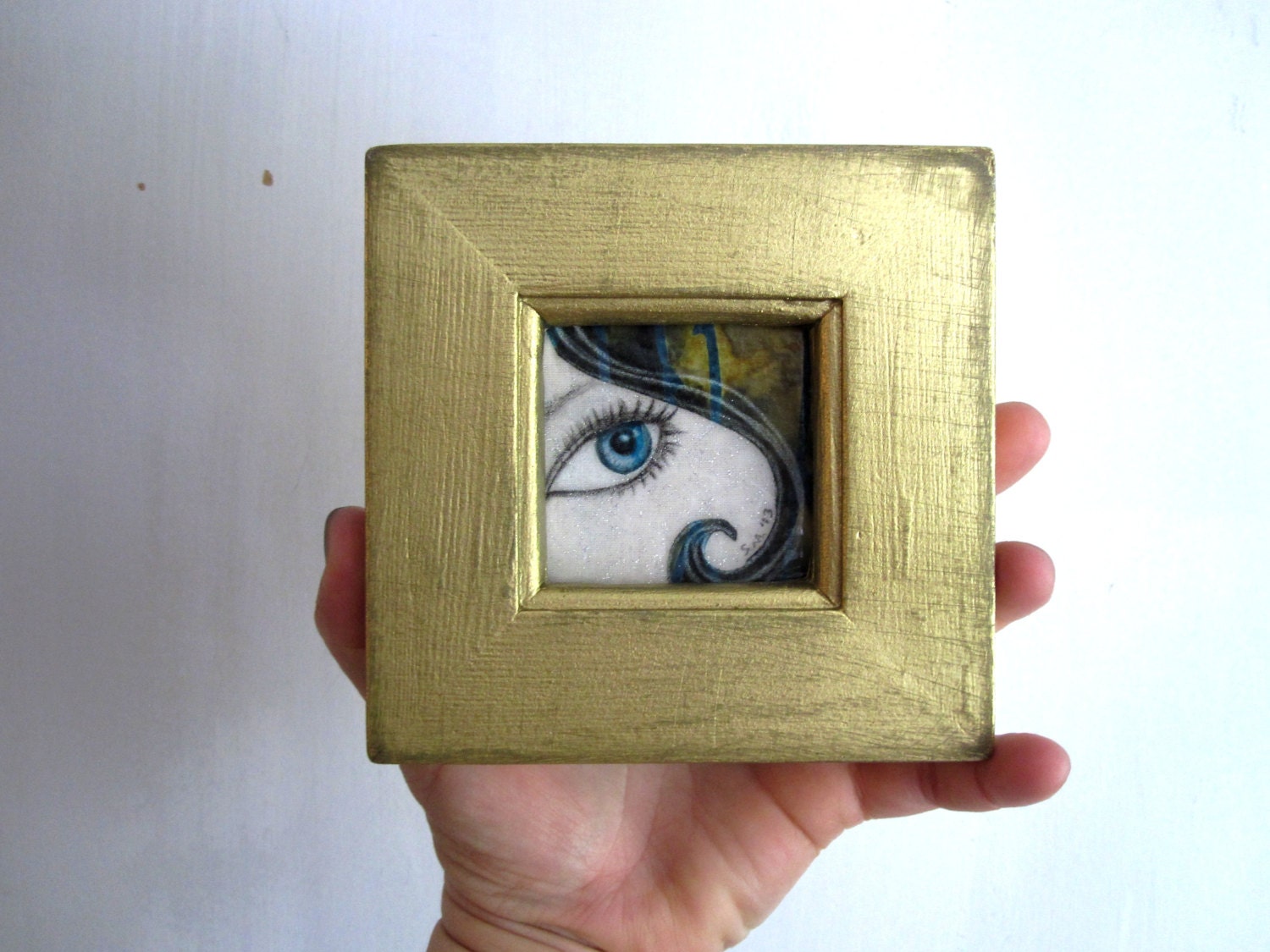 I See Through you, blue eye, rustic gold painted wood frame, Original Artwork,  Fabric on Wood