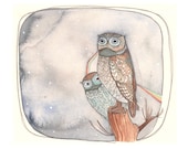 Two Owls Art Print of an Orginal Watercolor Painting 5x7 - Peek A Whoo