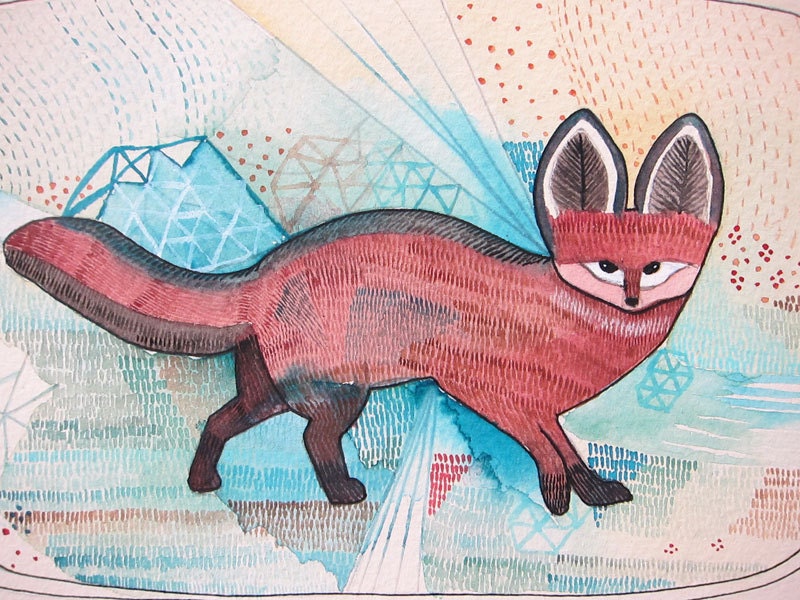 Red Fox Art Original Watercolor Painting 5x7 - Spring Fox