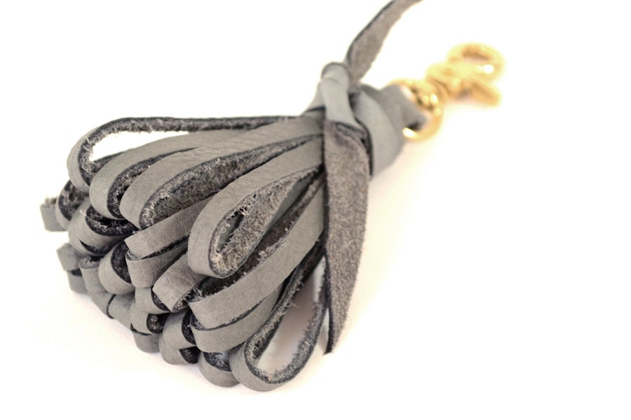 Grey Leather Folded Tassel w/ Brass Clip
