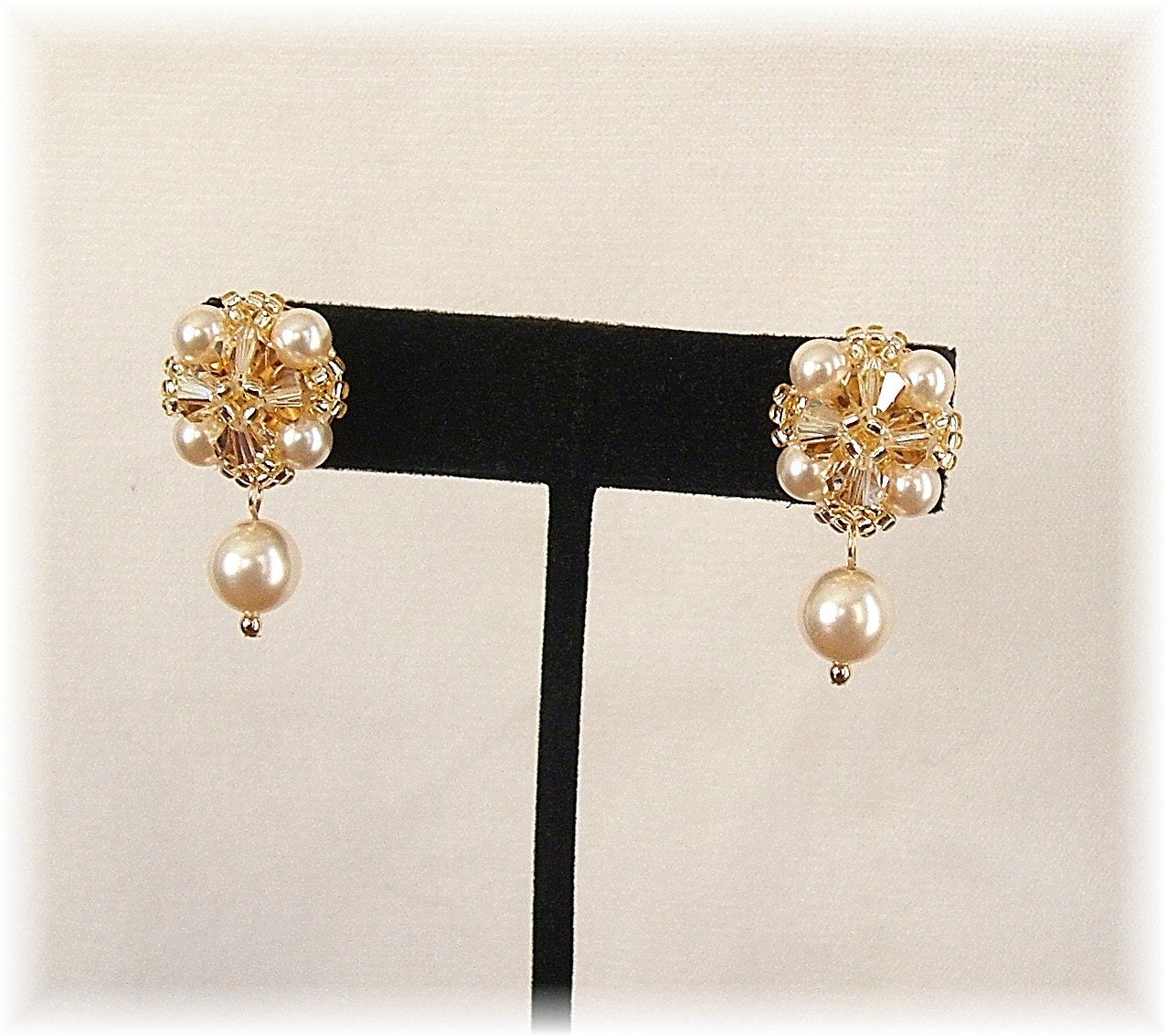 Classic Champagne Wedding Post Earrings, Crystal and Pearl Beaded Post Earrings, Swarovski Golden Shadow , Crystal and Pearl Earrings