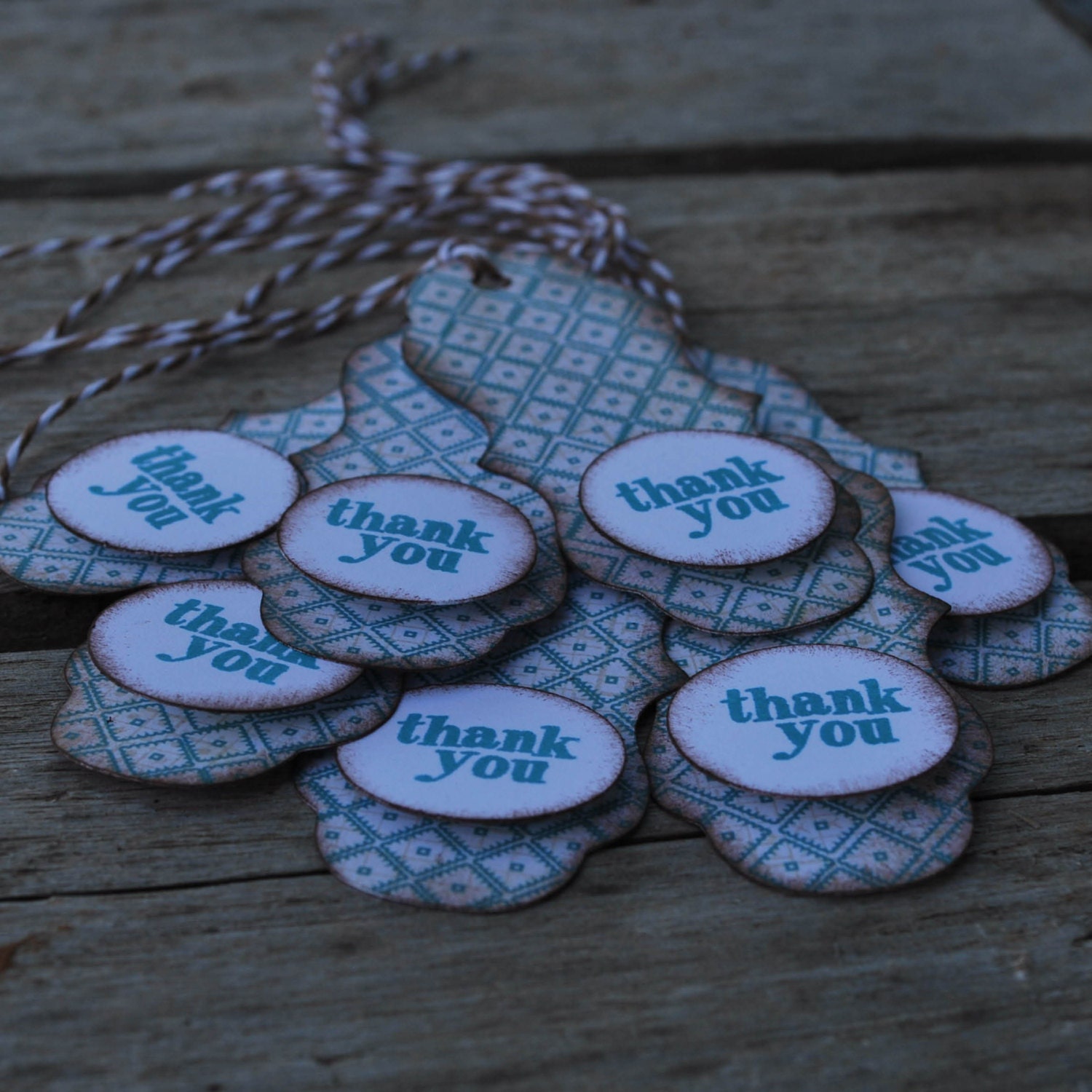 thank you...set of 7 tags in brown and  turquoise bracket tag