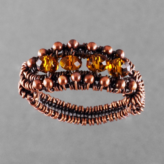 Copper and Amber Glass Ring - Size 8.5