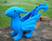Stuffed Dragon, Waldorf Stuffed Animal, Hand Stitched, Wool Felt, Bright Blue