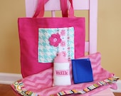 Doll diaper bag set by PETUNIAS blanket bottle book embellished tote bag soft cute sweet stuffed modern ready to ship